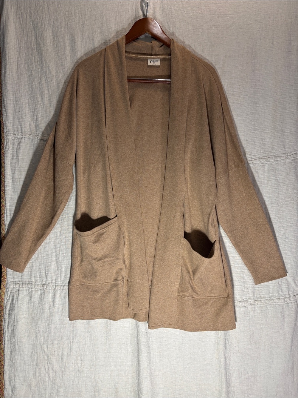 Pact Open-Front Airplane Cardigan in Camel Tan M/L 100% Organic Cotton